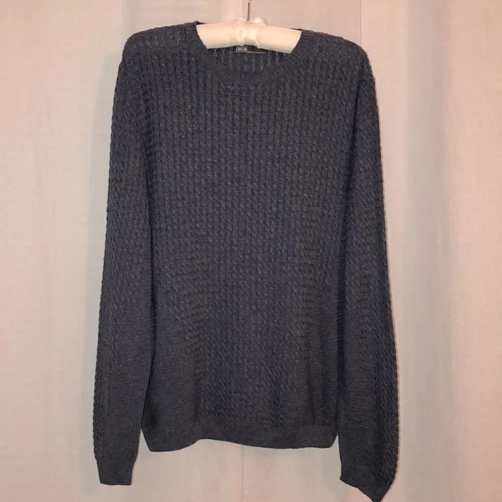ASOS M Indigo Cotton Blend Cable Knit Crewneck Pullover Sweater